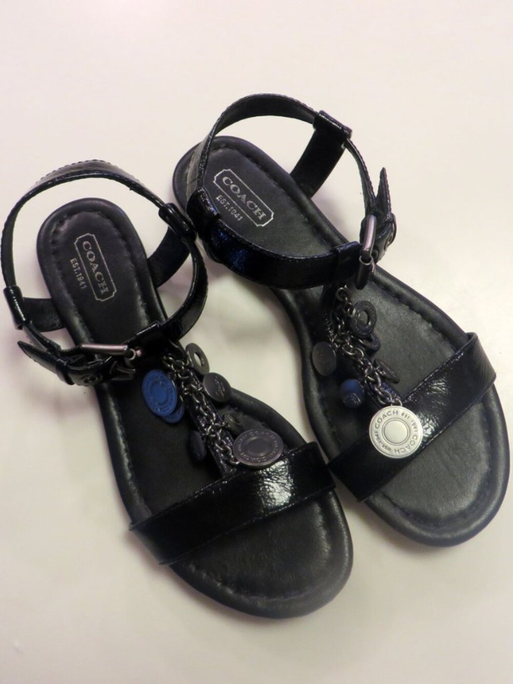 NEW Coach Black Patent Flat Leather Sandals Size 6